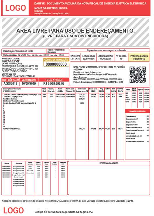 Primeira página do modelo oficial DANF3E II em retrato para alta tensão, Grupo A
